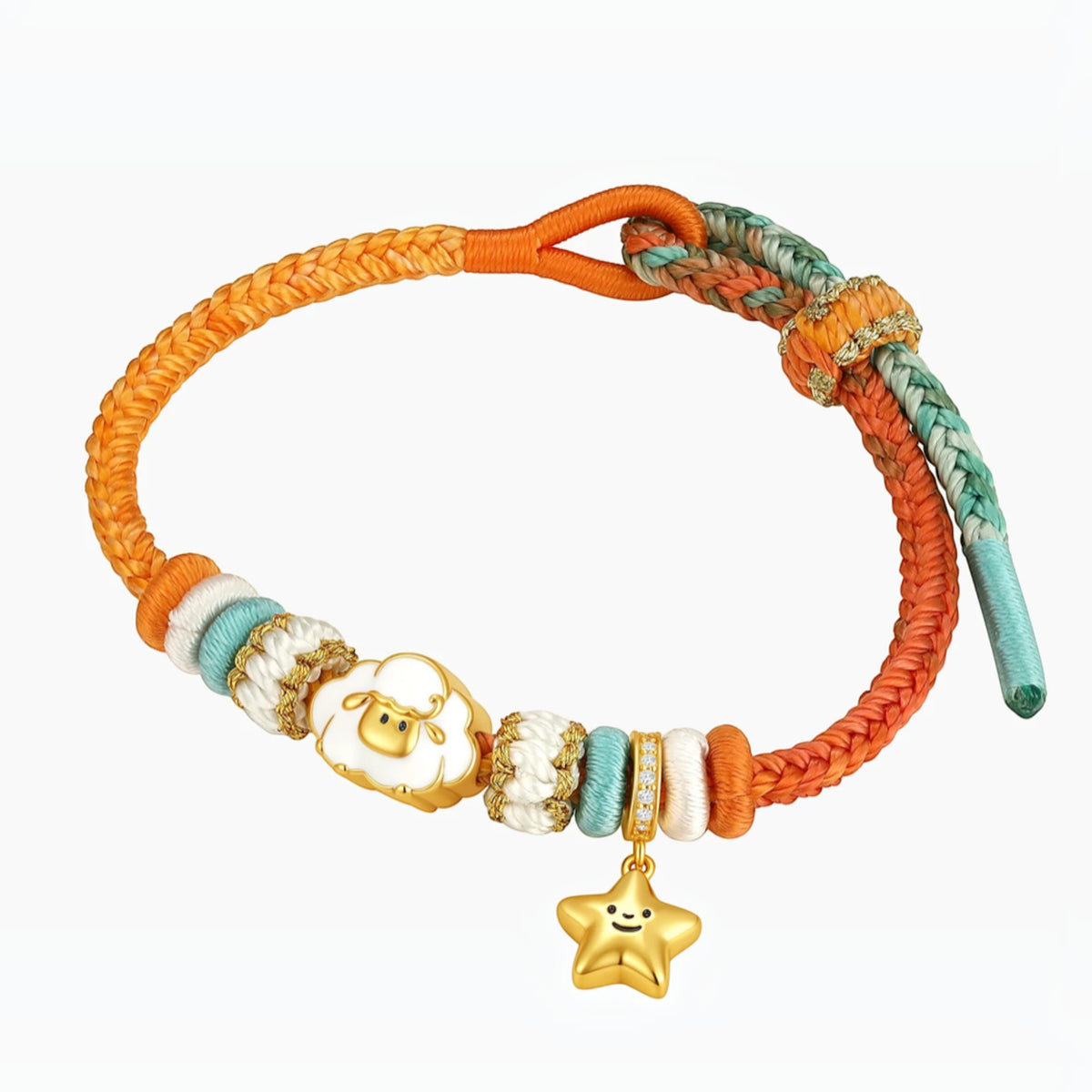 S925 Sterling Silver Zodiac Chinese Year of Sheep Cute Charm Moon Star Cord Bracelet Kid and Adult