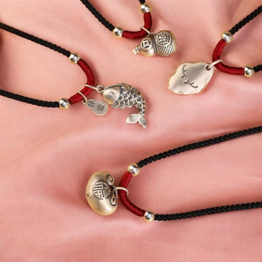 999 Pure Silver Koi Fish Gourd Charm Necklace, Hand Braided Rope