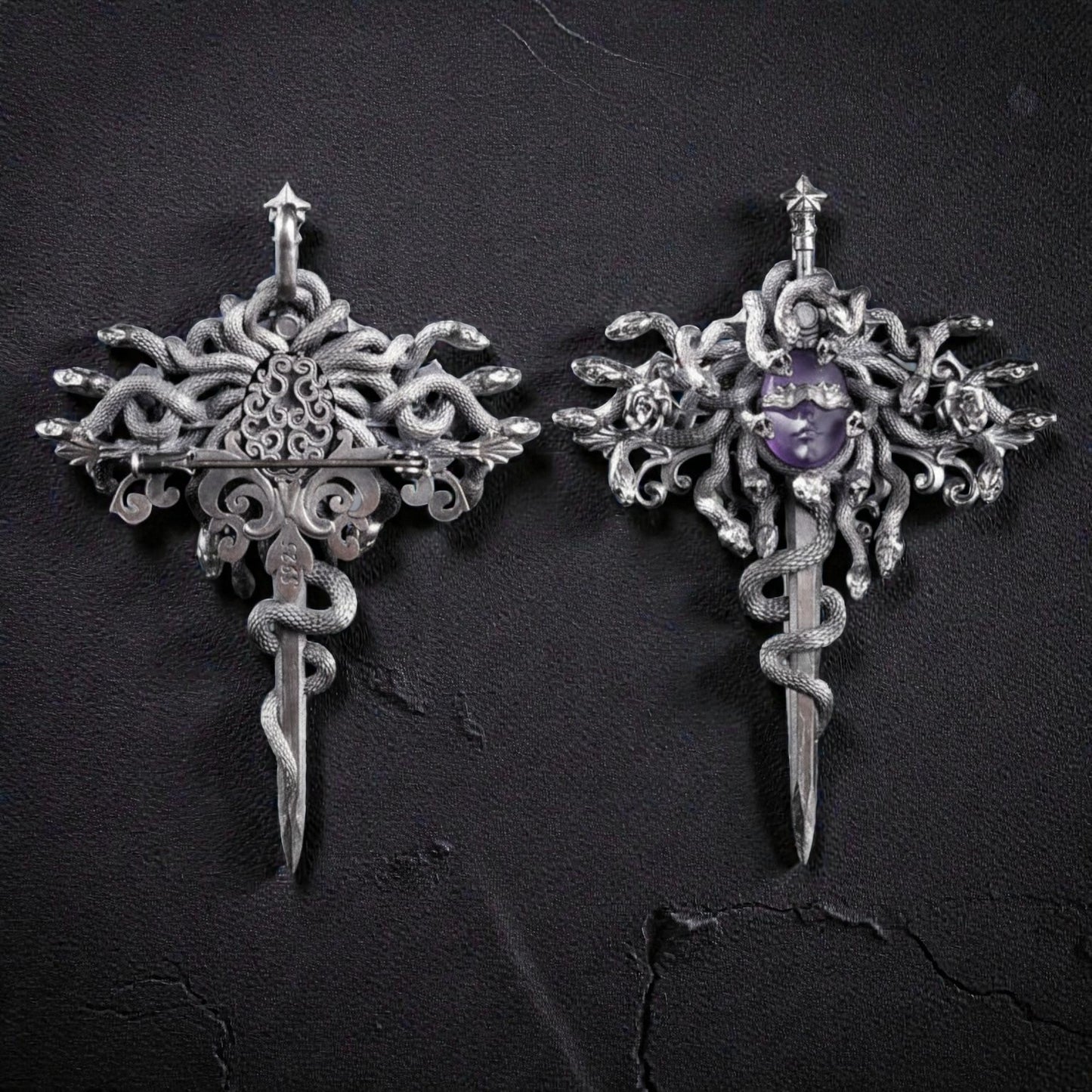 s925 Sterling Silver Amethyst Medusa Sword Pendant and Pin Brooch