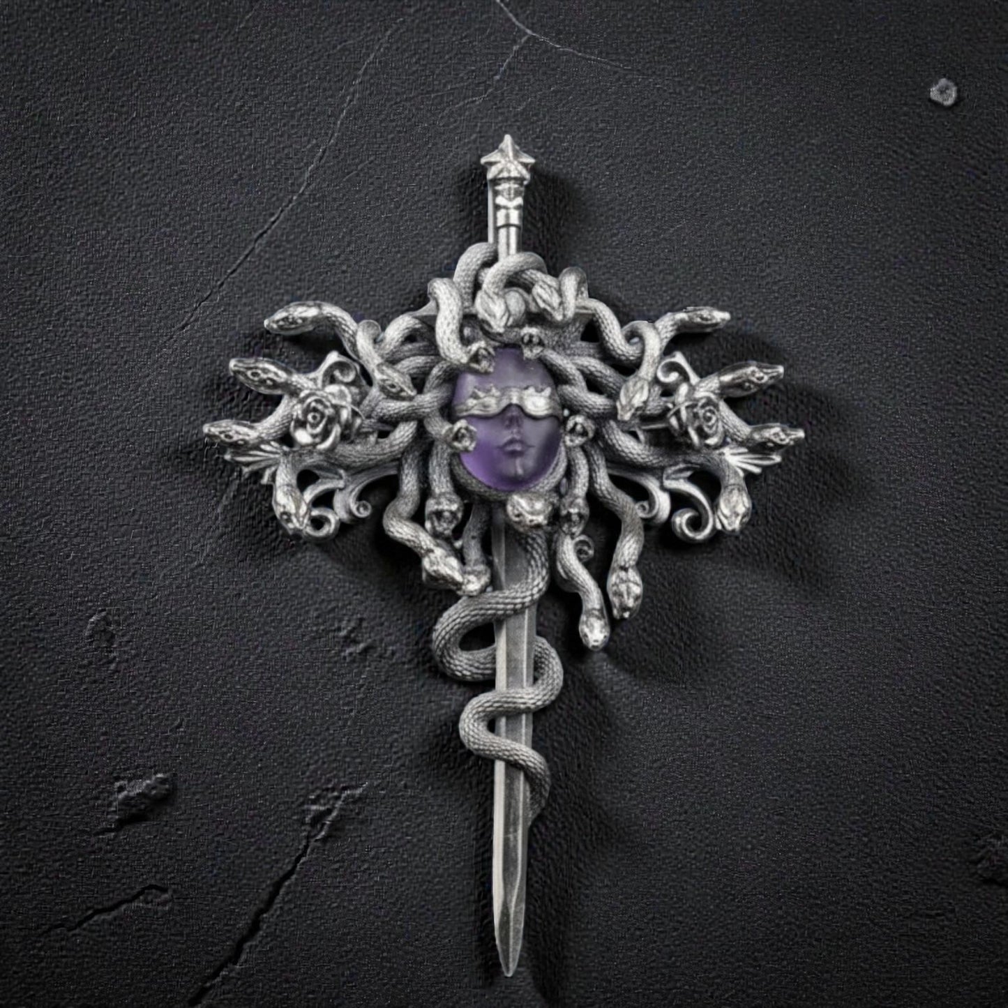 s925 Sterling Silver Amethyst Medusa Sword Pendant and Pin Brooch