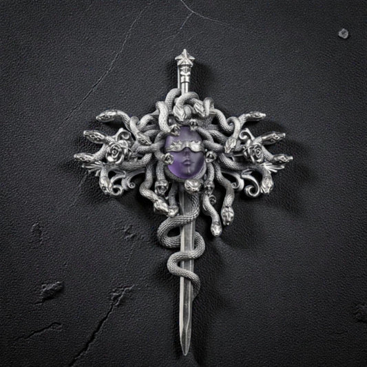 s925 Sterling Silver Amethyst Medusa Sword Pendant and Pin Brooch