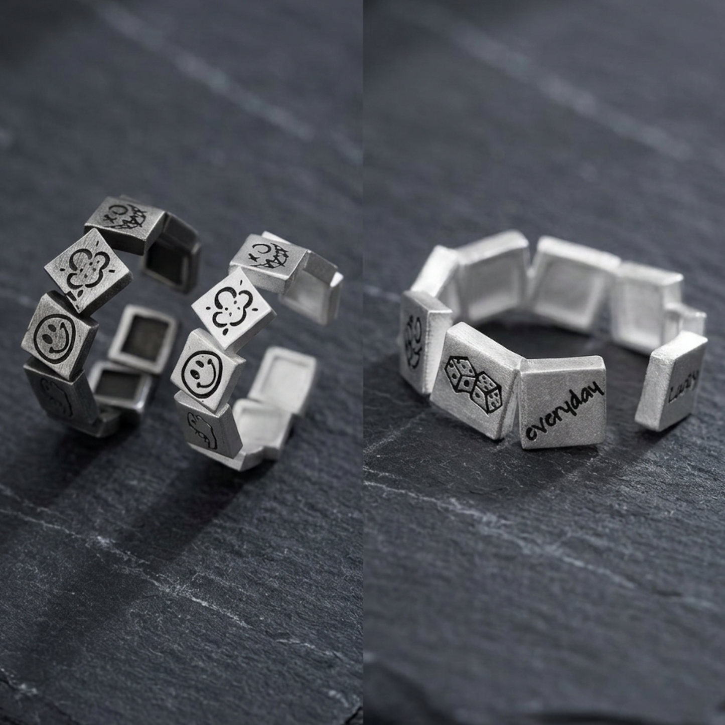 S999 Fine Silver Vintage Retro Graffiti Lucky Week Stacking Ring