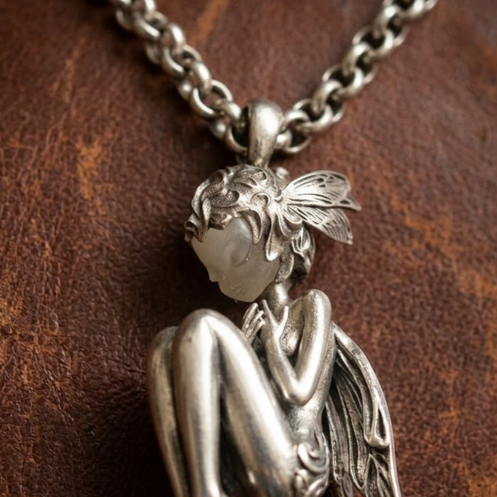 s925 Sterling Silver White Crystal Cicada Fairy Girl With Wings Sleeping Pendant Necklace