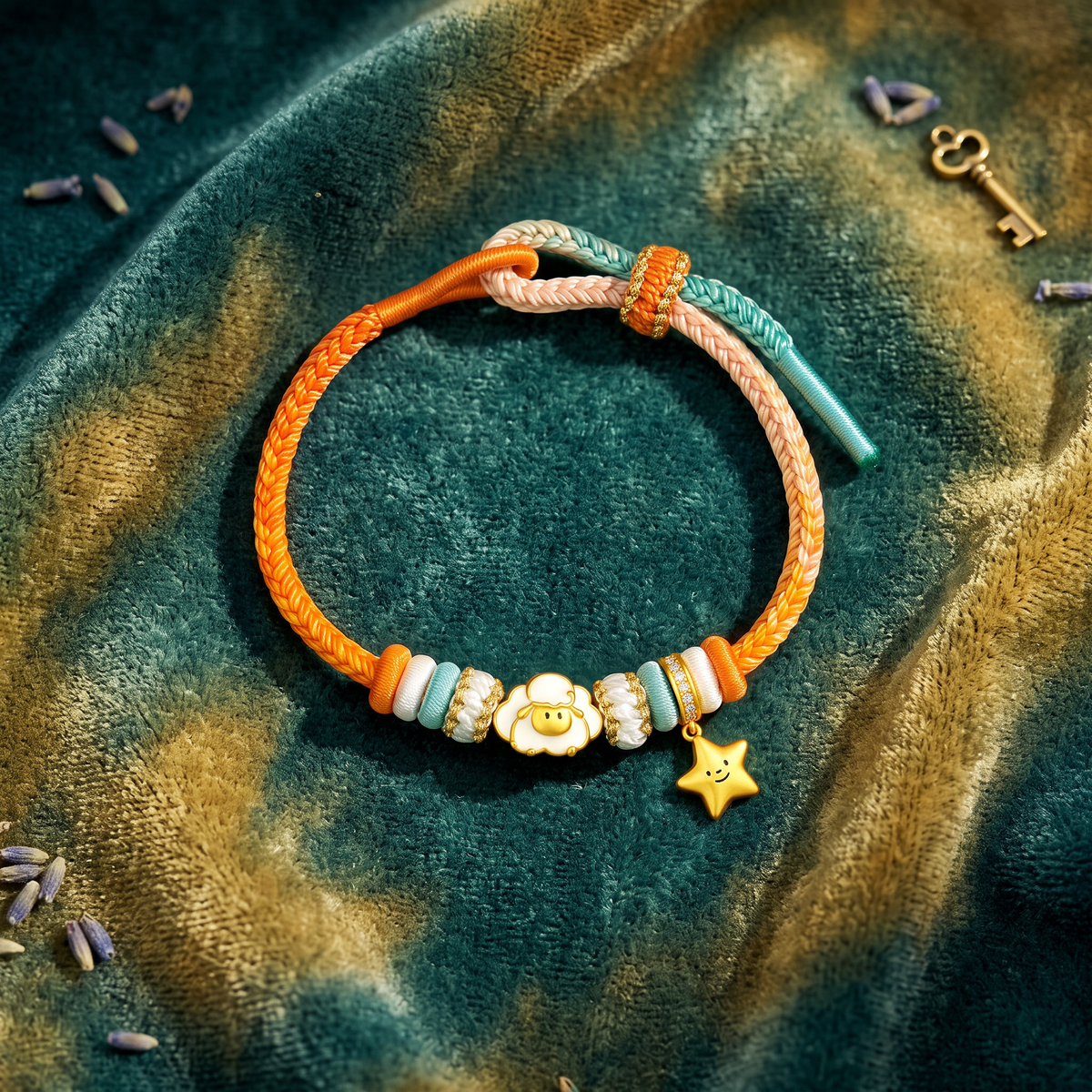 S925 Sterling Silver Zodiac Chinese Year of Sheep Cute Charm Moon Star Cord Bracelet Kid and Adult