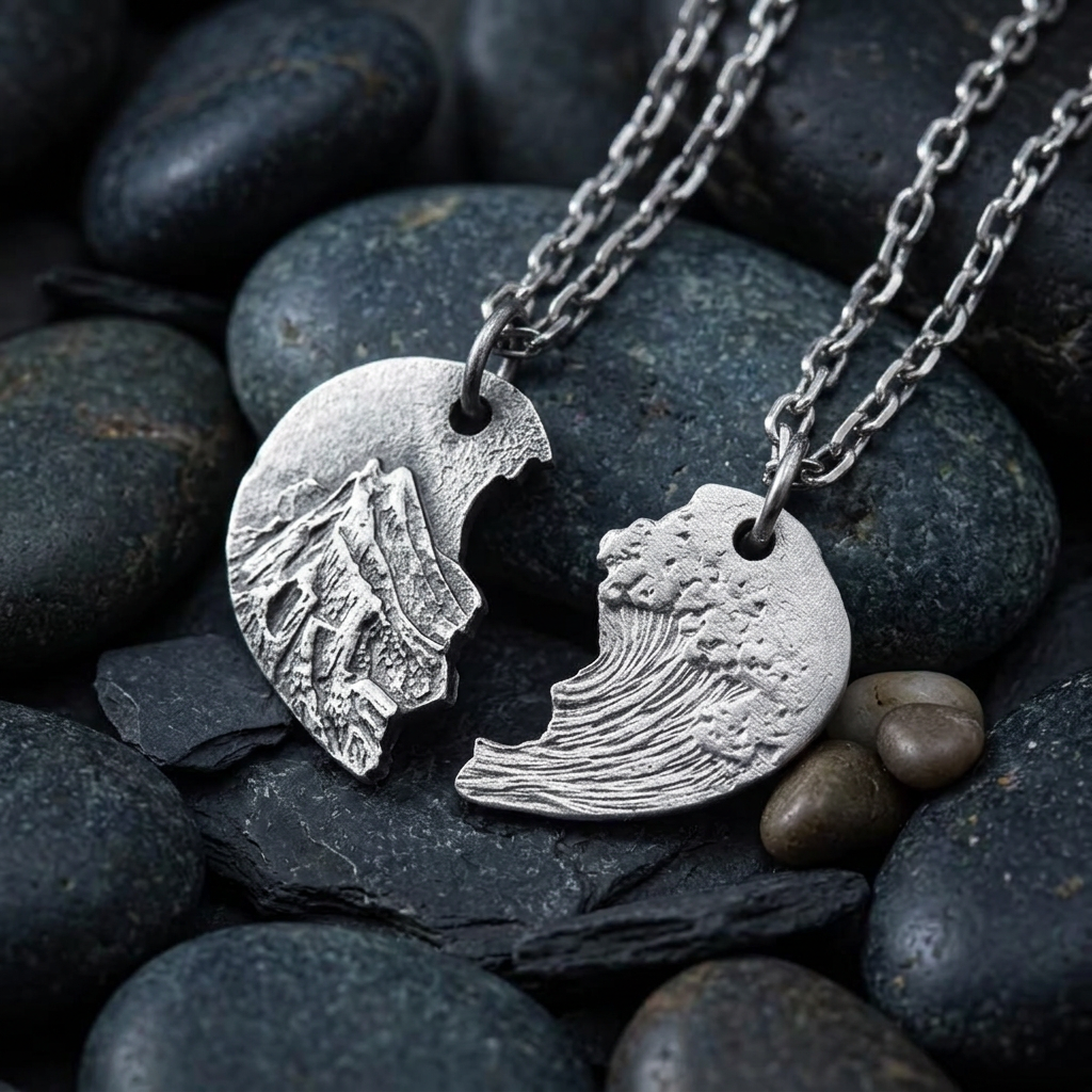 S999 Fine Silver Couple Heart Mountain and Ocean Pendant Necklace