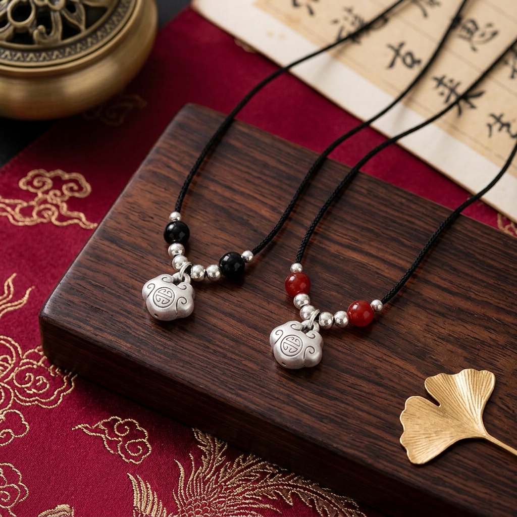 999 Fine Silver Lock Charm Agate Bead Cord Necklace