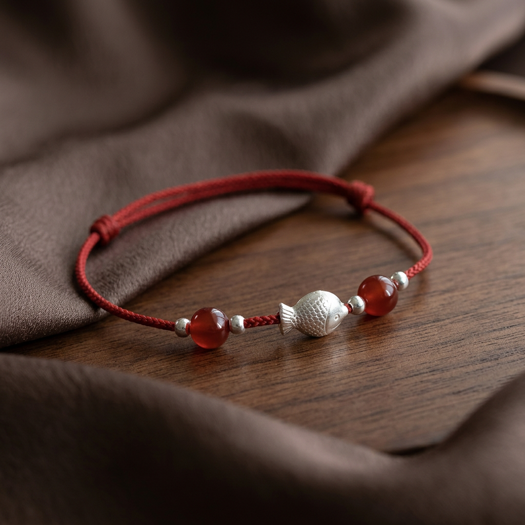 999 Fine Silver Lucky Koi Fish Charm Red Agate Cord Bracelet