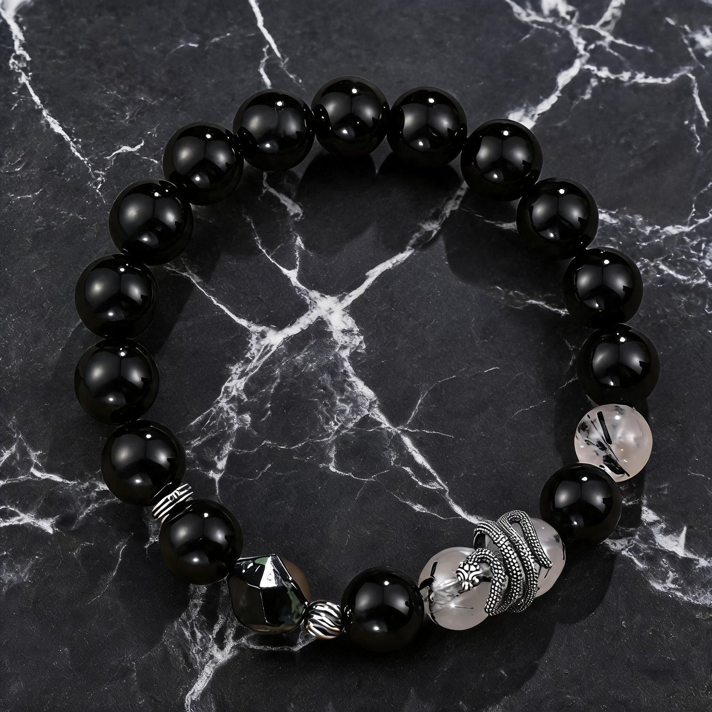 s925 Sterling Silver Snake Lucky Bead Men Bracelet Obsidian Rutilated Quartz Beads