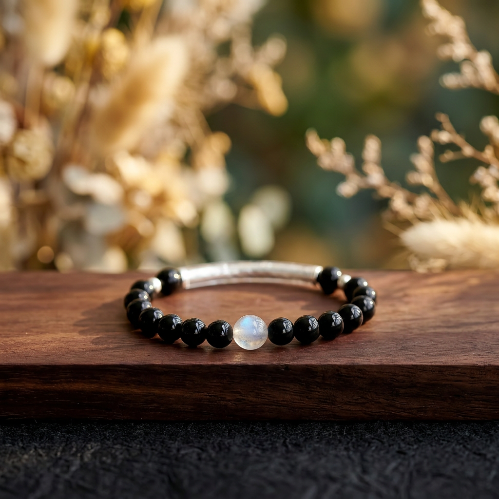 999 Fine Silver Blessing Tube Charm Black Agate Beads Moonstone Fortune Unisex Bracelet