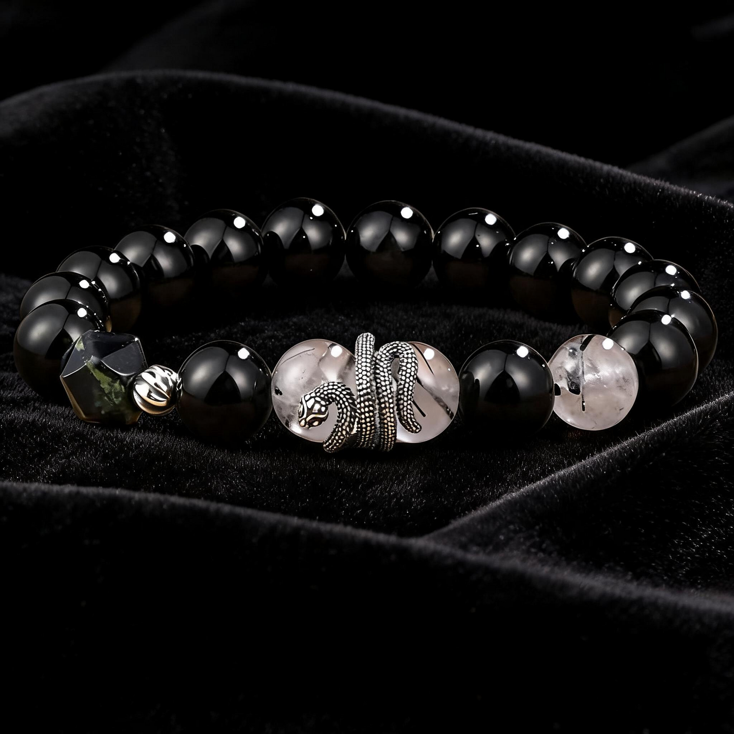 s925 Sterling Silver Snake Lucky Bead Men Bracelet Obsidian Rutilated Quartz Beads