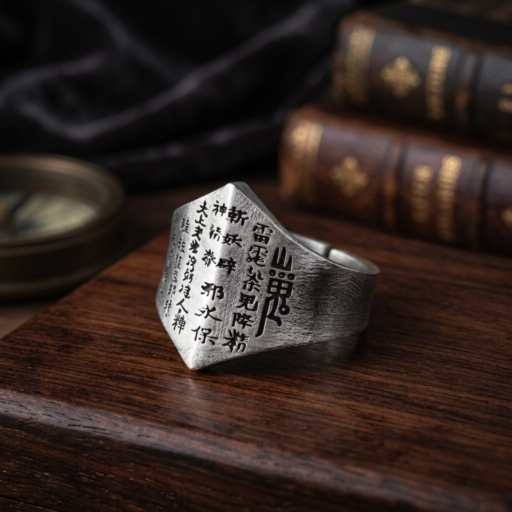 S999 Fine Silver Handmade Men Chinese Beliefs Shan Gui Coin Ring