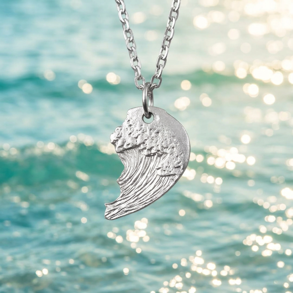 S999 Fine Silver Couple Heart Mountain and Ocean Pendant Necklace