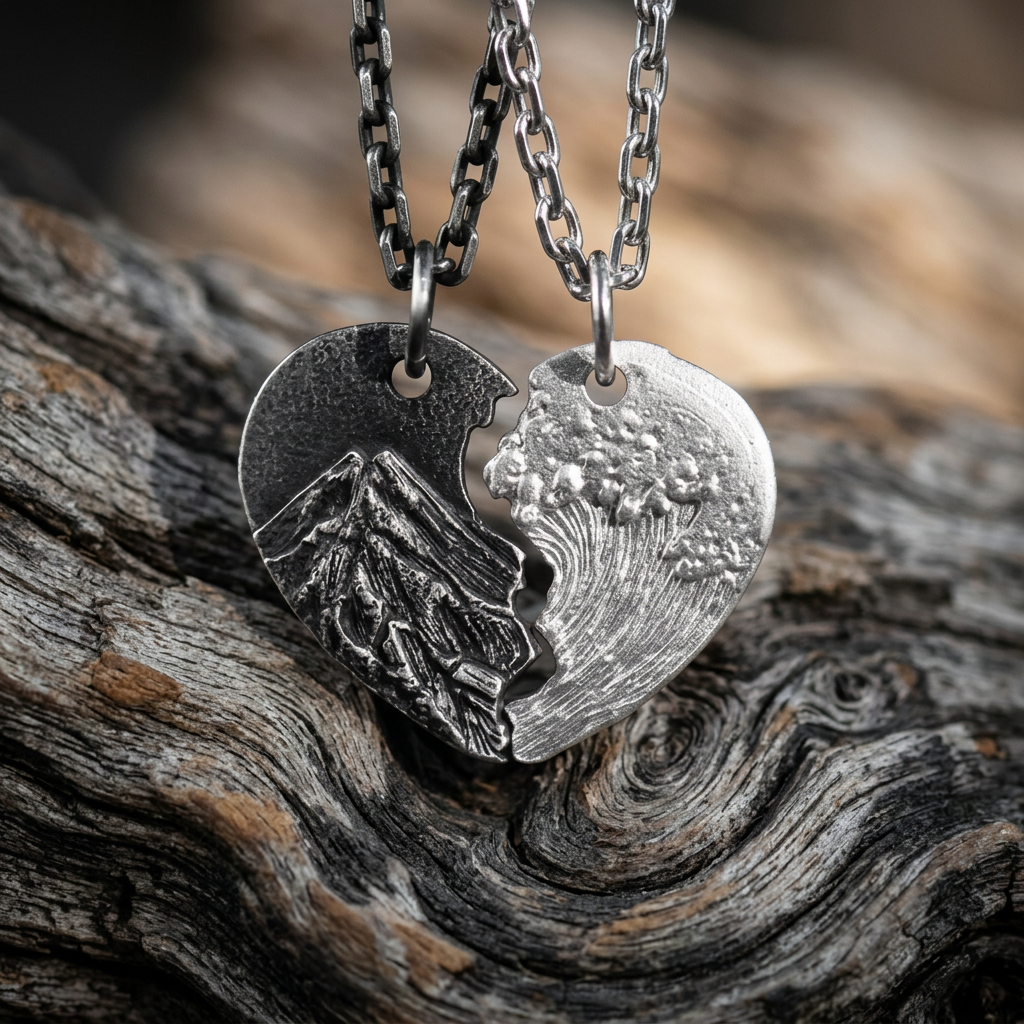 S999 Fine Silver Couple Heart Mountain and Ocean Pendant Necklace