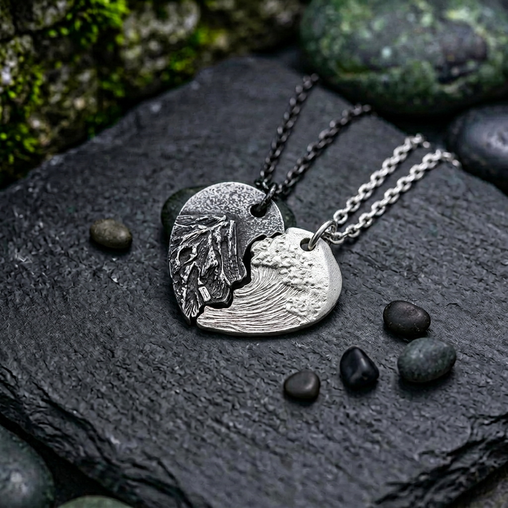 S999 Fine Silver Couple Heart Mountain and Ocean Pendant Necklace