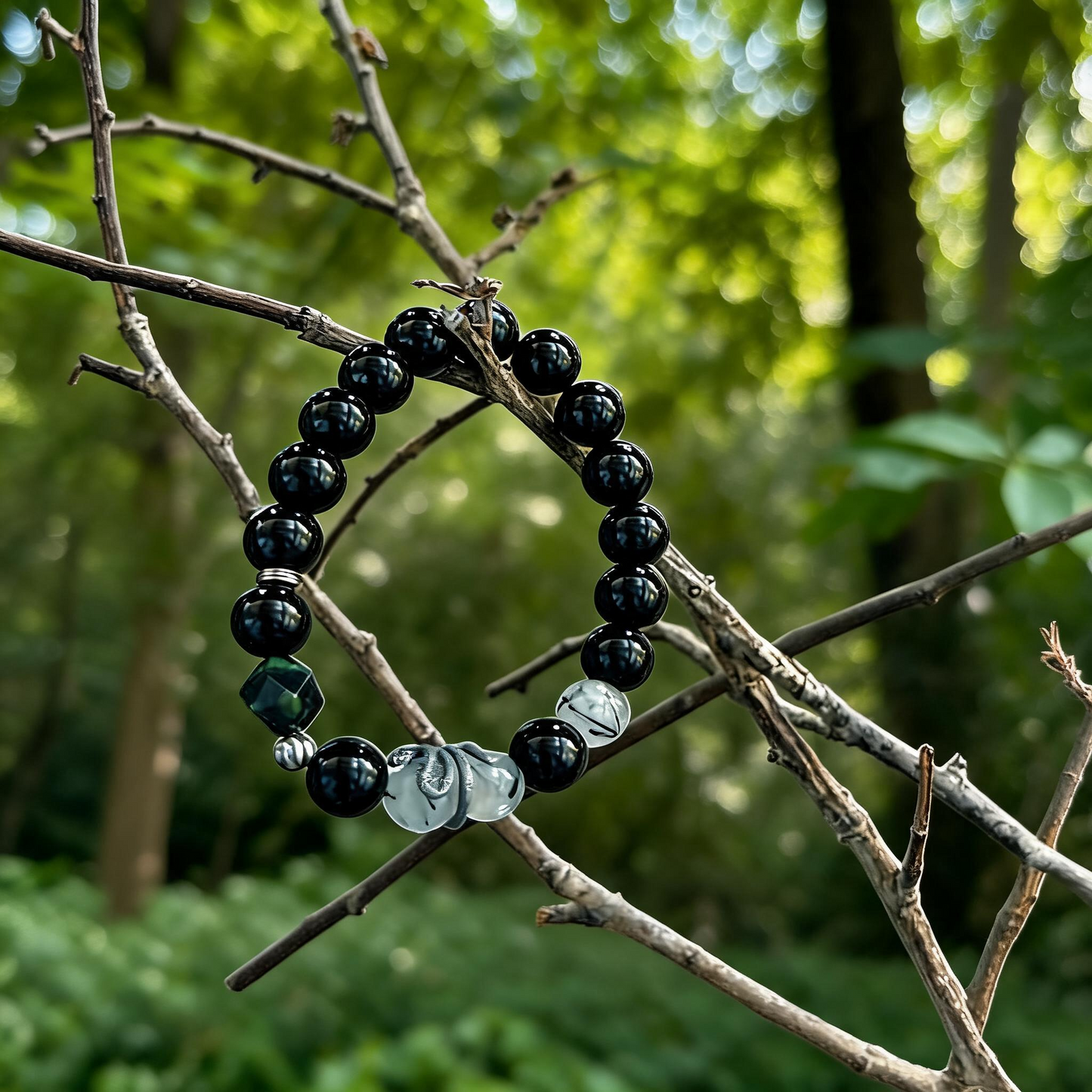 s925 Sterling Silver Snake Lucky Bead Men Bracelet Obsidian Rutilated Quartz Beads