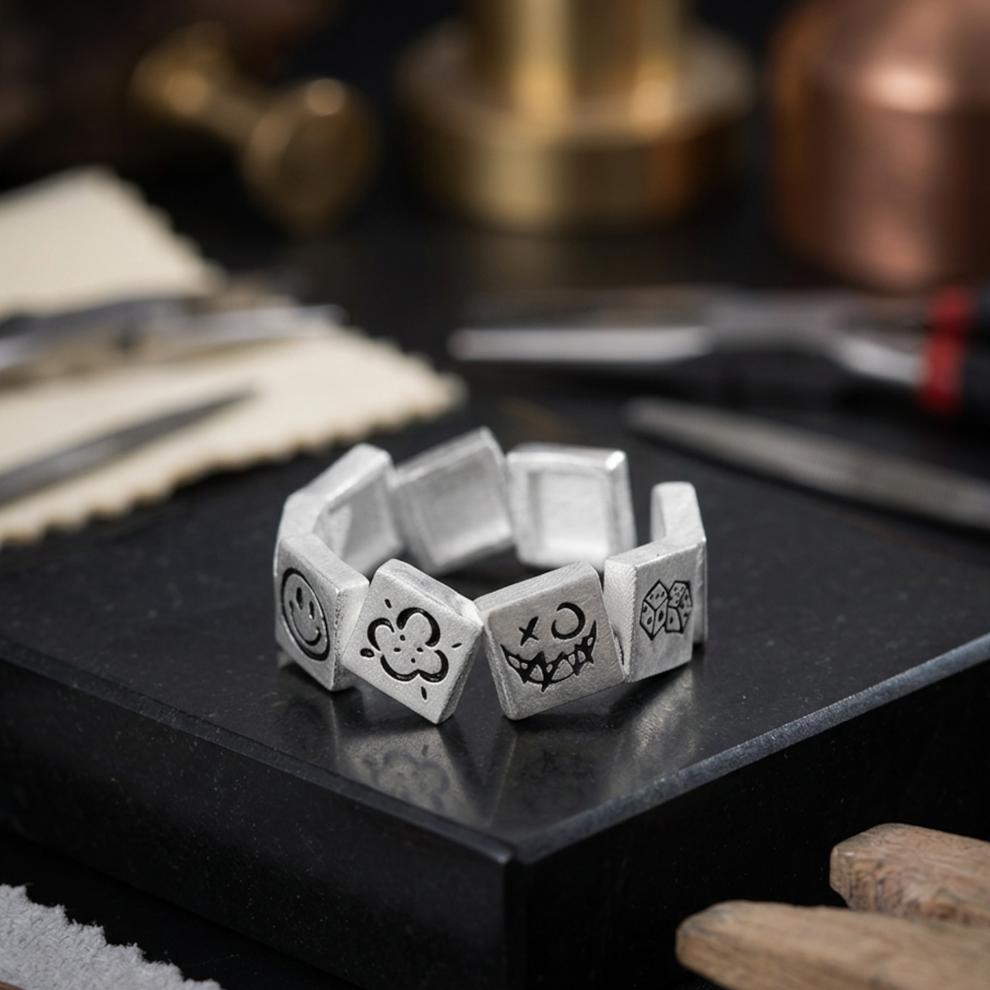 S999 Fine Silver Vintage Retro Graffiti Lucky Week Stacking Ring