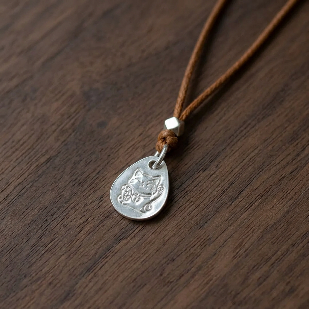 999 Fine Solid Silver Lucky Maneki-neko Cat Pendant Cord Adjustable Necklace