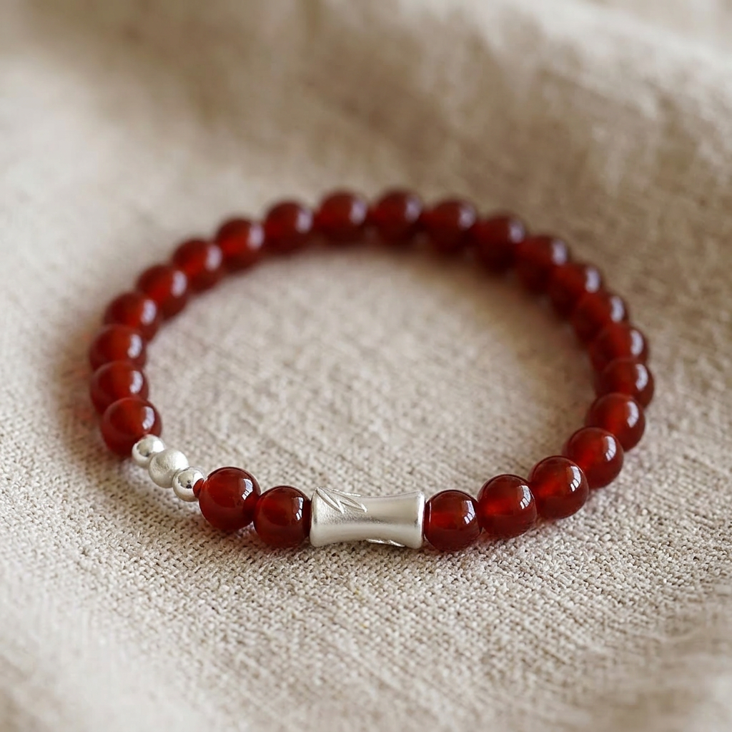 999 Fine Silver Bamboo Charm Natural Red Agate Feng Shui Beads Bracelet