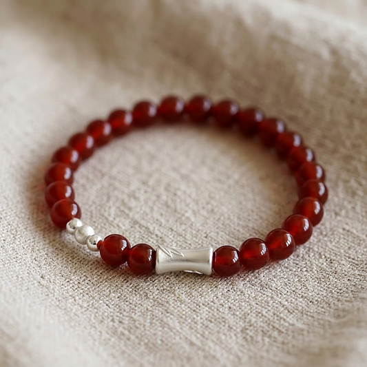 999 Fine Silver Bamboo Charm Natural Red Agate Feng Shui Beads Bracelet