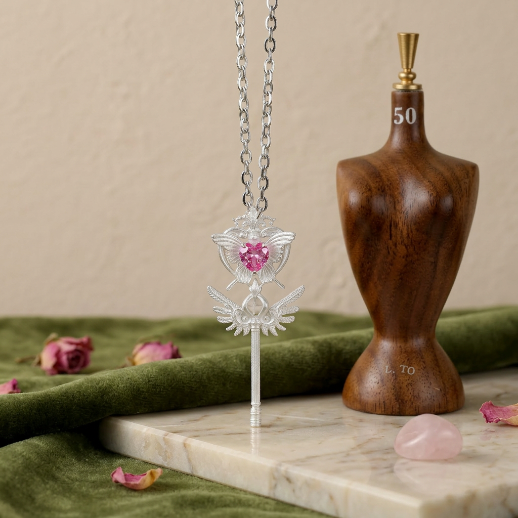 s925 Sterling Silver Heart Magic Magical Wand Pendant with Topaz Gemstone & Angel Wings