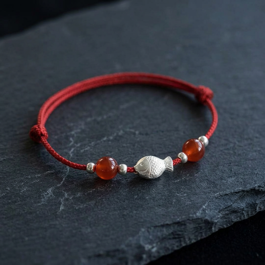 999 Fine Silver Lucky Koi Fish Charm Red Agate Cord Bracelet