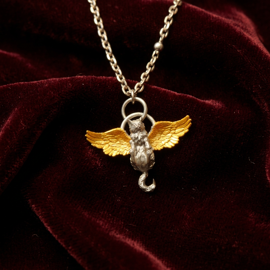 s925 Sterling Silver Flying Wings Cat Pendant and Necklace