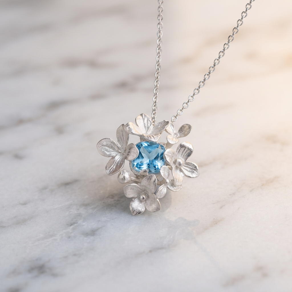 s925 Sterling Silver Hydrangea Flower Topaz Pendant Necklace