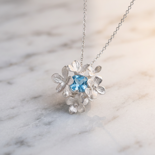 s925 Sterling Silver Hydrangea Flower Topaz Pendant Necklace