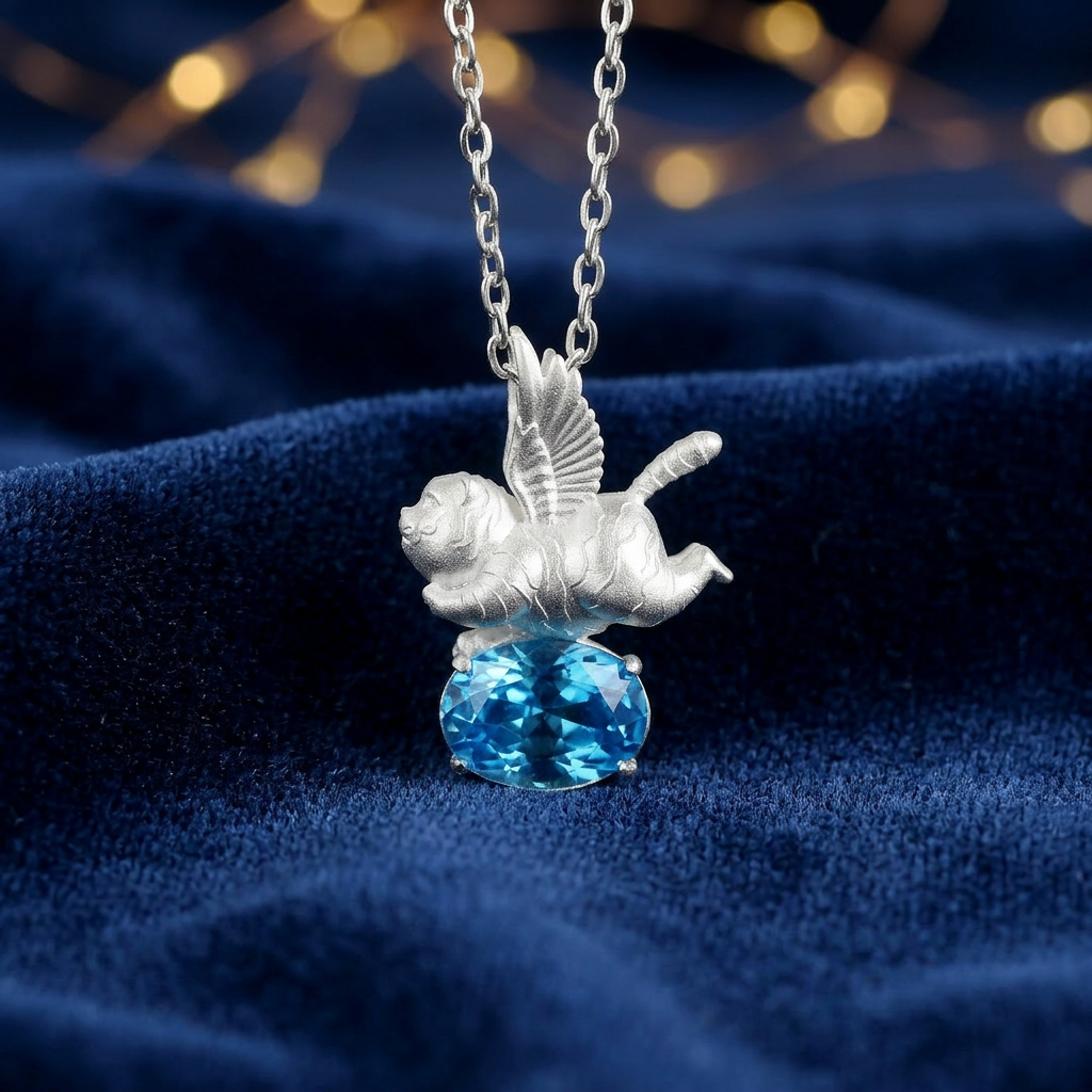 s925 Sterling Silver Unique Flying Wing Tiger Amethyst. Swiss Blue Topaz Pendant Necklace