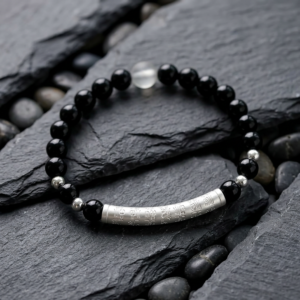 999 Fine Silver Blessing Tube Charm Black Agate Beads Moonstone Fortune Unisex Bracelet