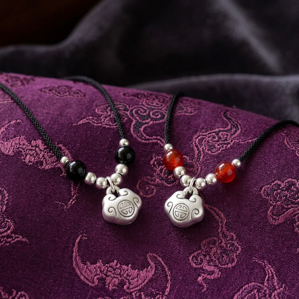 999 Fine Silver Lock Charm Agate Bead Cord Necklace