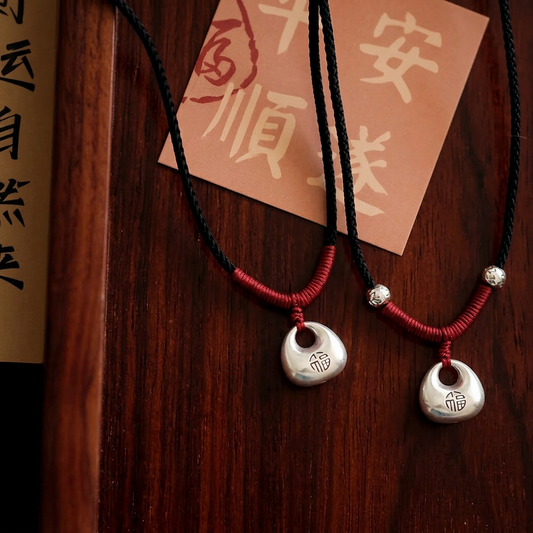 999 Fine Solid Silver Lucky Nugget Fu Blessing Charm Weaving Cord Necklace