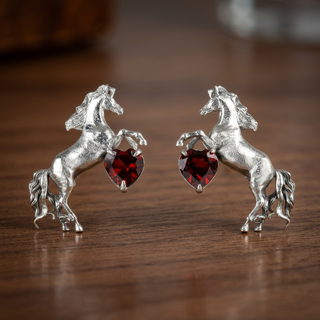 s925 Sterling Silver Inlaid with Garnet Horse Stud Earrings