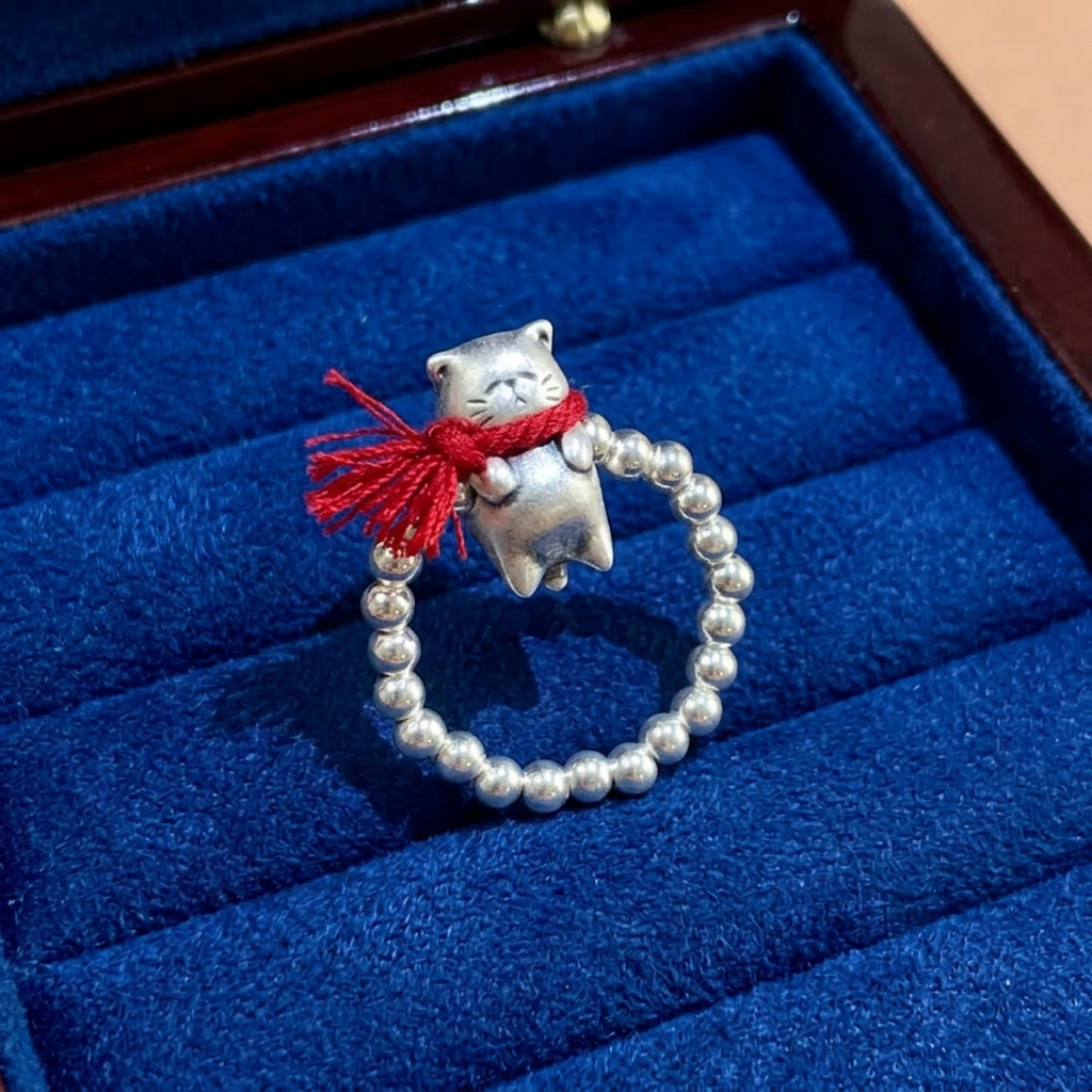s999 Fine Silver Kitty Cat with Red Braided Scarf Beads Ring