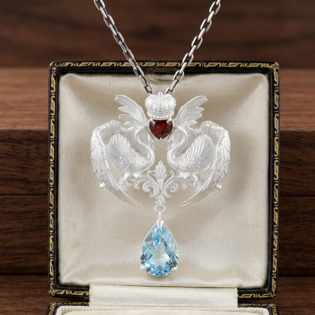 s925 Sterling Silver Swan Pendant Blue Topaz Necklace