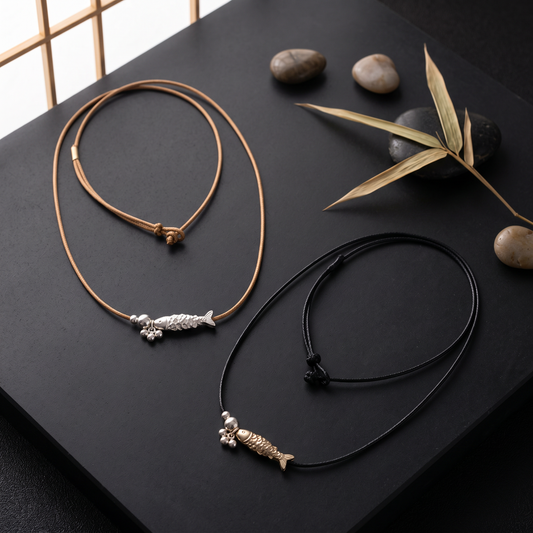 999 Fine Solid Silver Fish Lucky Charm Minimal Style Rope Cord Necklace