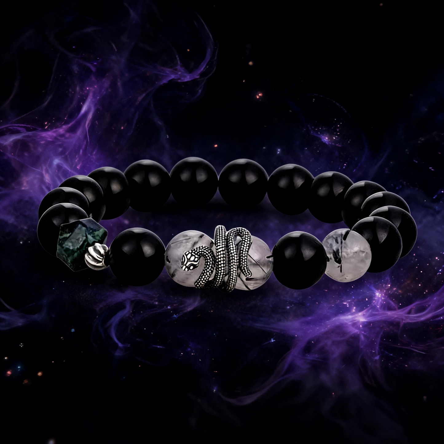 s925 Sterling Silver Snake Lucky Bead Men Bracelet Obsidian Rutilated Quartz Beads