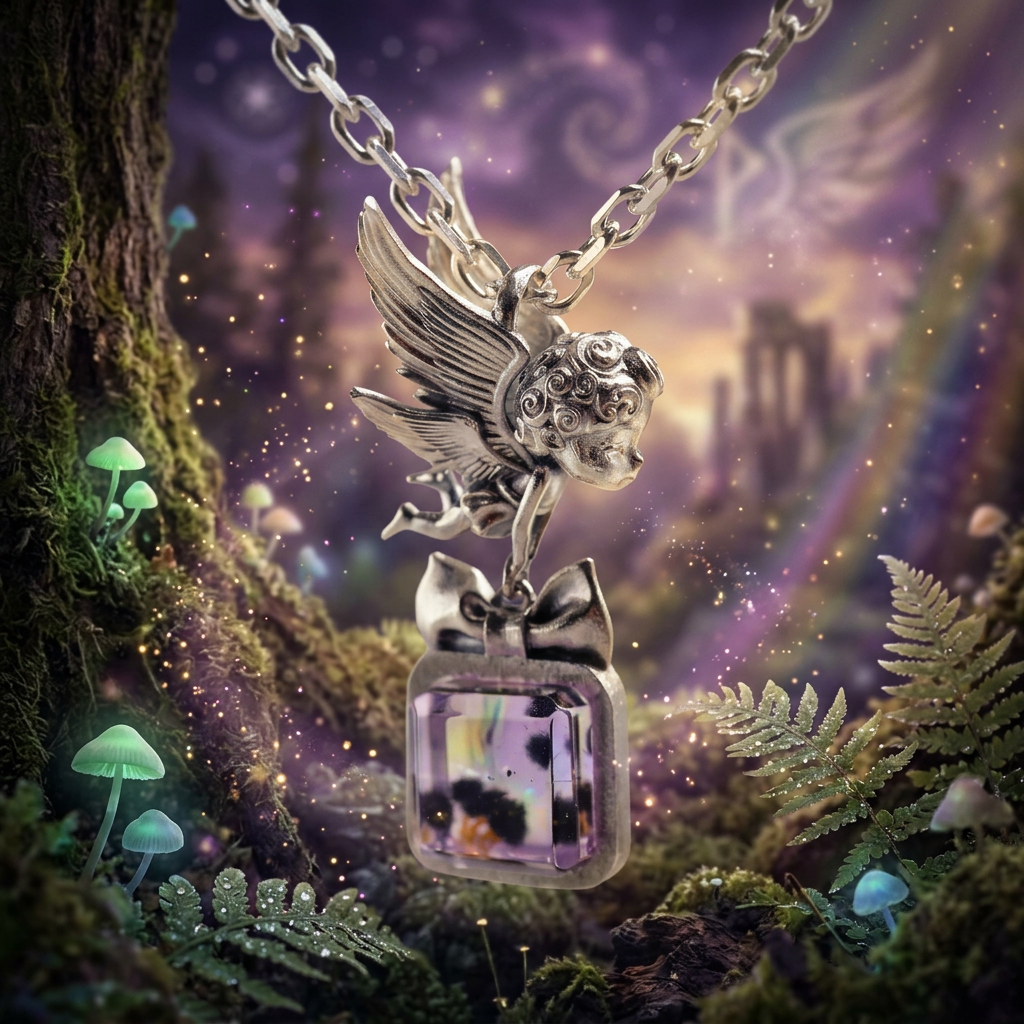 s925 Sterling Silver Little Angel Pendant with Amethyst Gemstone Cute Bow Necklace