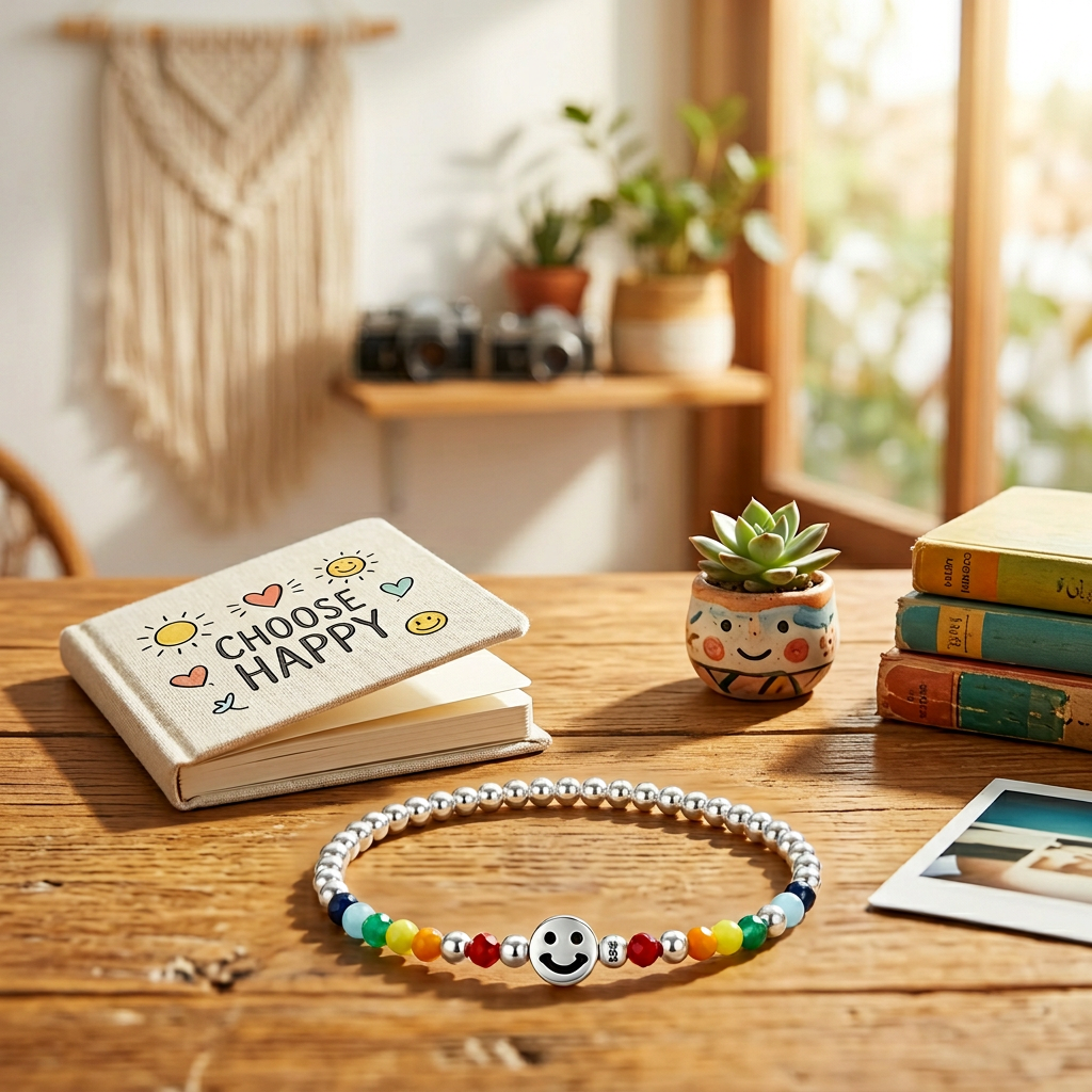 s925 Sterling Silver Rainbow Smiley Happy Face Beaded Stacking Bracelet