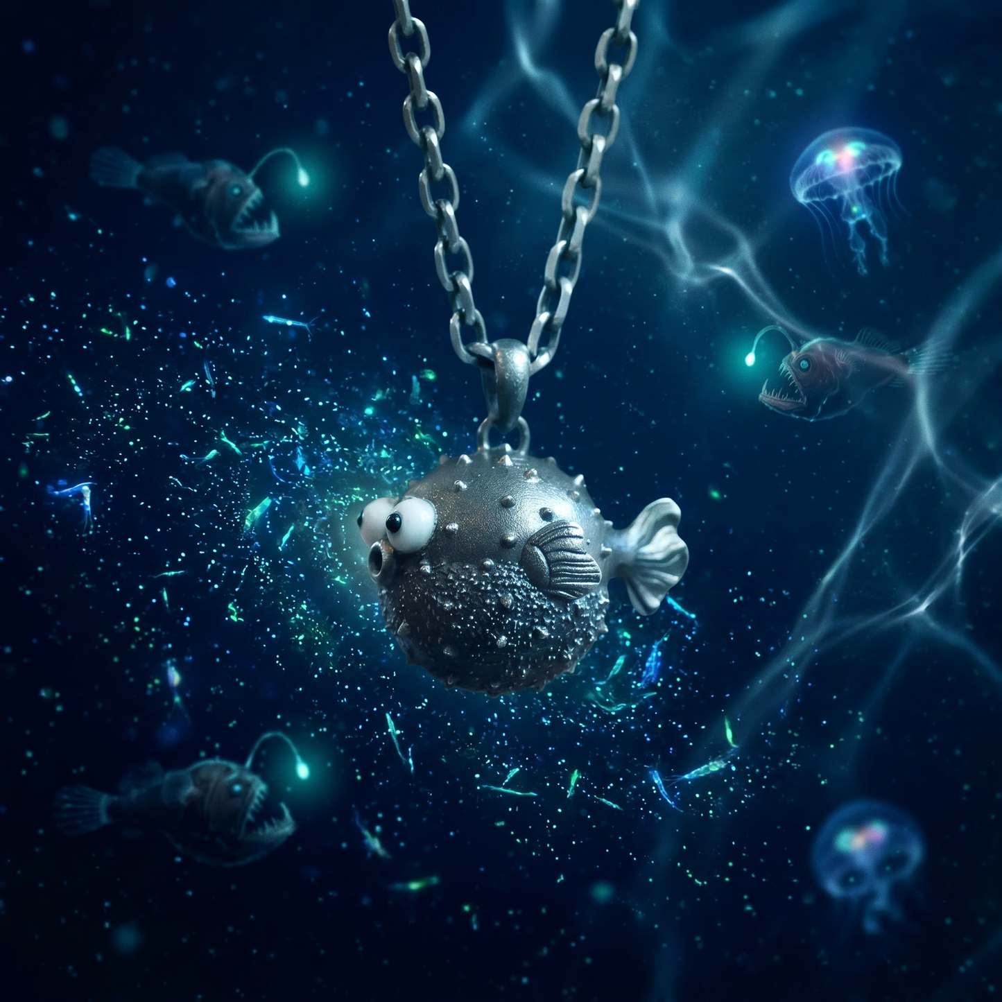 s925 Sterling Silver Vintage Angry Pufferfish Fish Cute Pendant Necklace