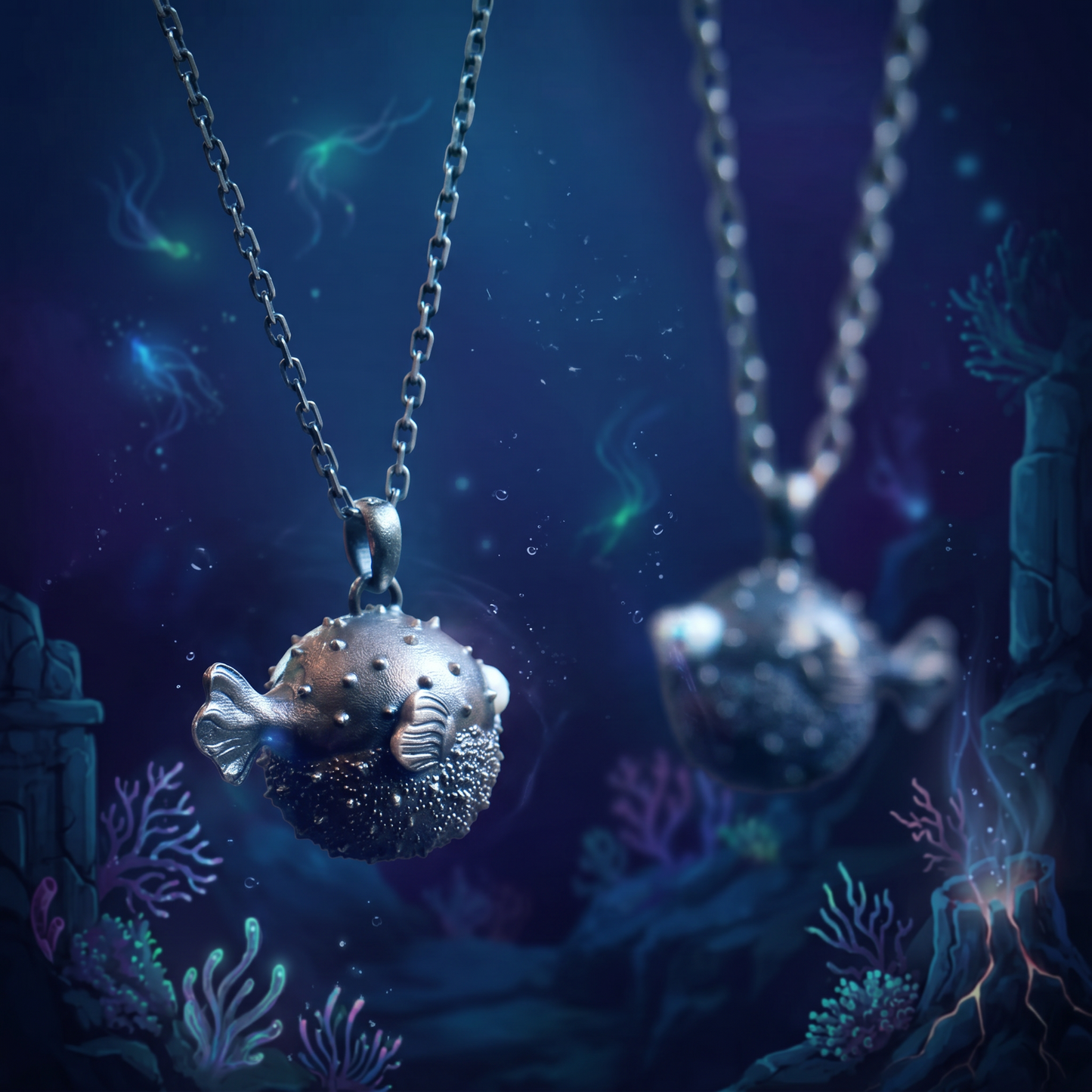 s925 Sterling Silver Vintage Angry Pufferfish Fish Cute Pendant Necklace