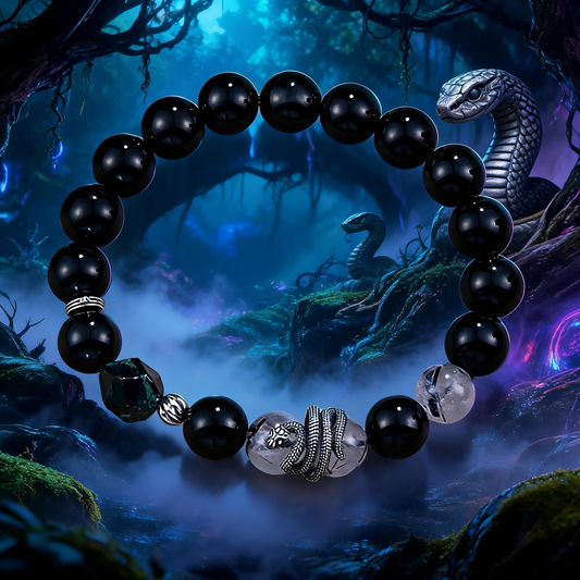 s925 Sterling Silver Snake Lucky Bead Men Bracelet Obsidian Rutilated Quartz Beads