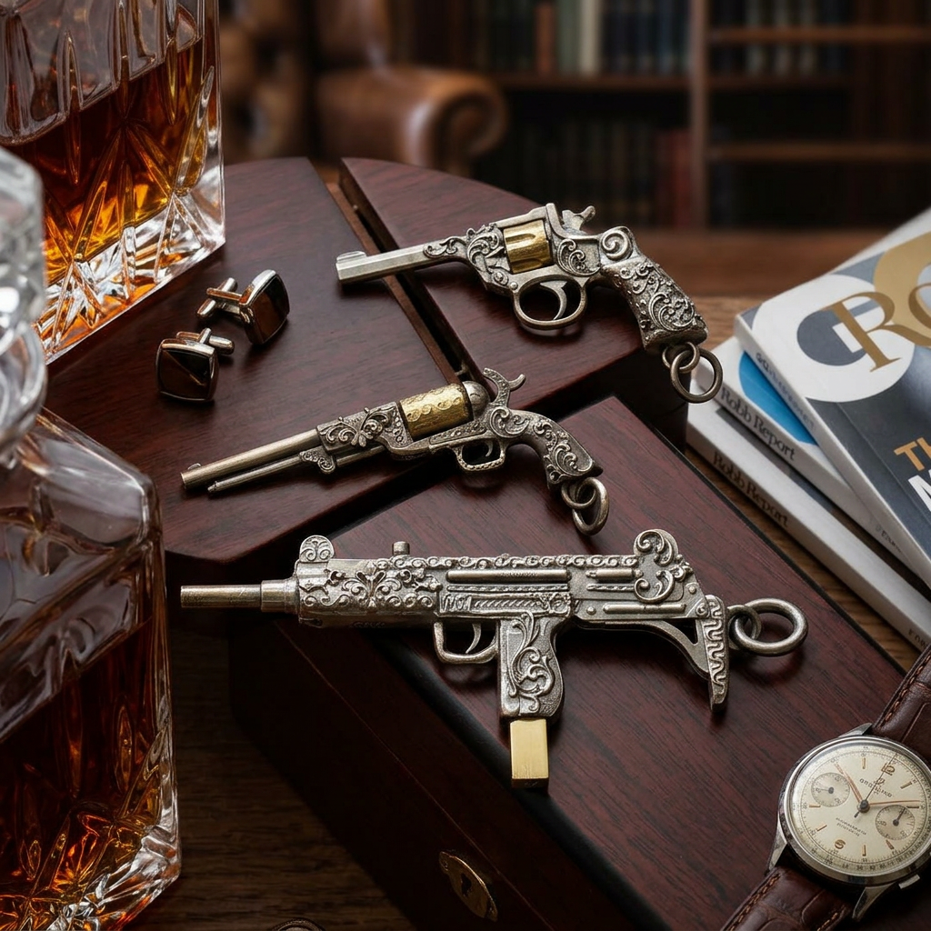 s925 Sterling Silver Vintage Submachine Gun Retro Colt Revolver Pistol Pendant Necklace