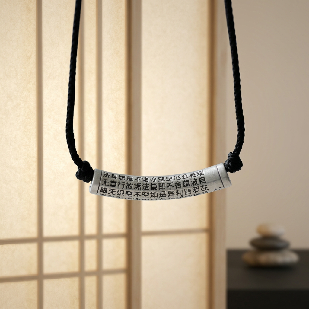 999 Fine Silver Heart Sutra Protection and Peace Charm Cord Adjustable Necklace
