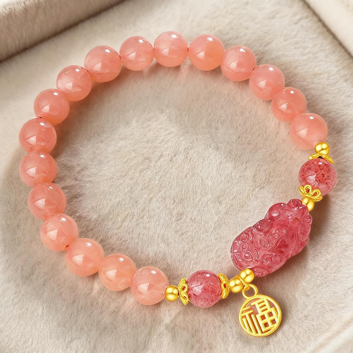 s925 Sterling Silver Lucky Pixiu Sunstone Pink Strawberry Quartz Bead Bracelet