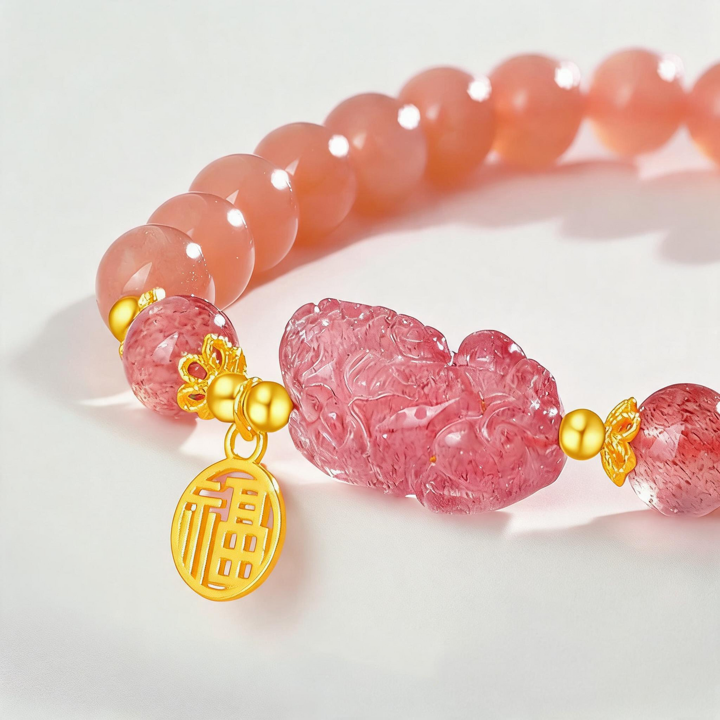 s925 Sterling Silver Lucky Pixiu Sunstone Pink Strawberry Quartz Bead Bracelet