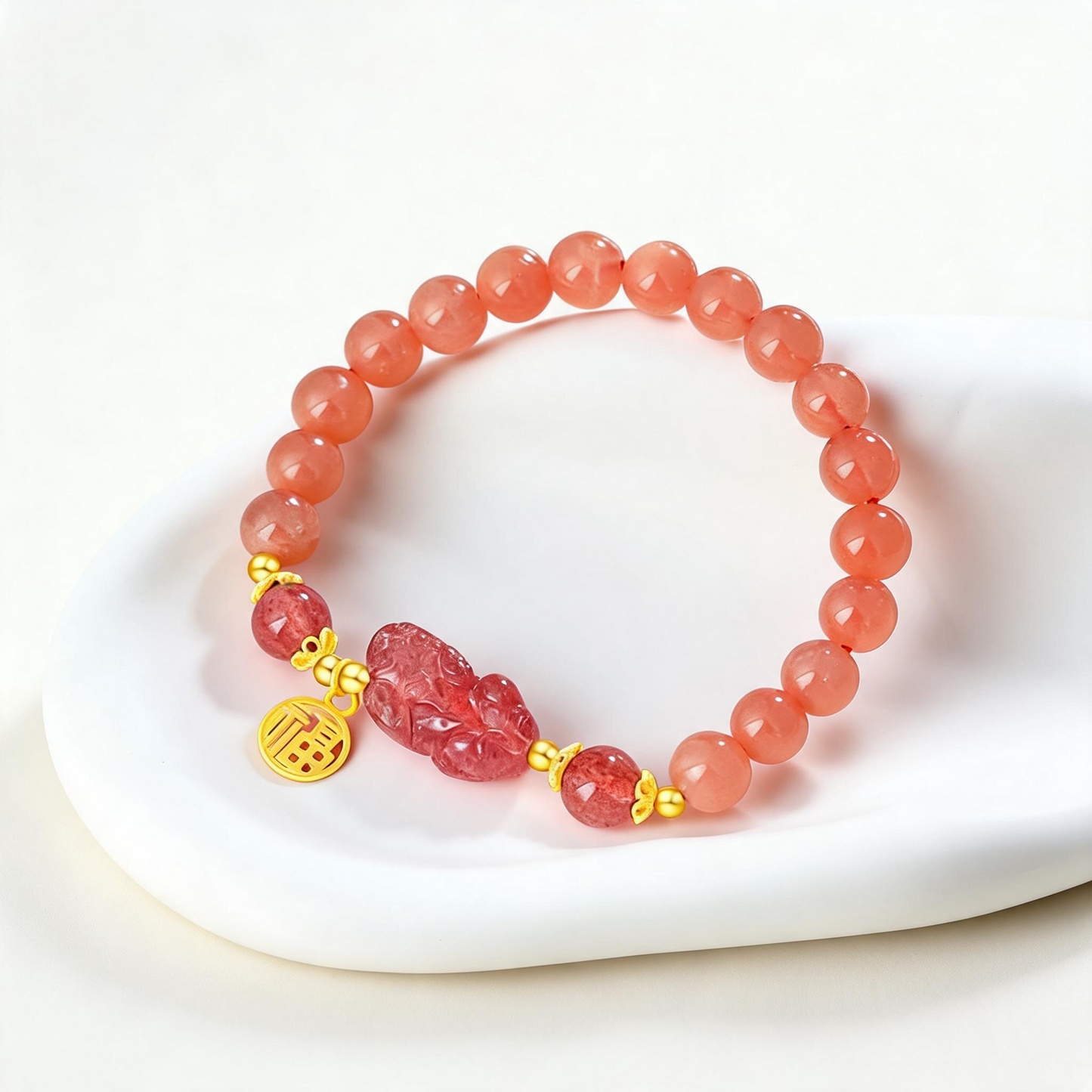 s925 Sterling Silver Lucky Pixiu Sunstone Pink Strawberry Quartz Bead Bracelet