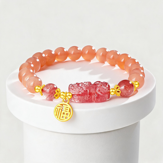 s925 Sterling Silver Lucky Pixiu Sunstone Pink Strawberry Quartz Bead Bracelet
