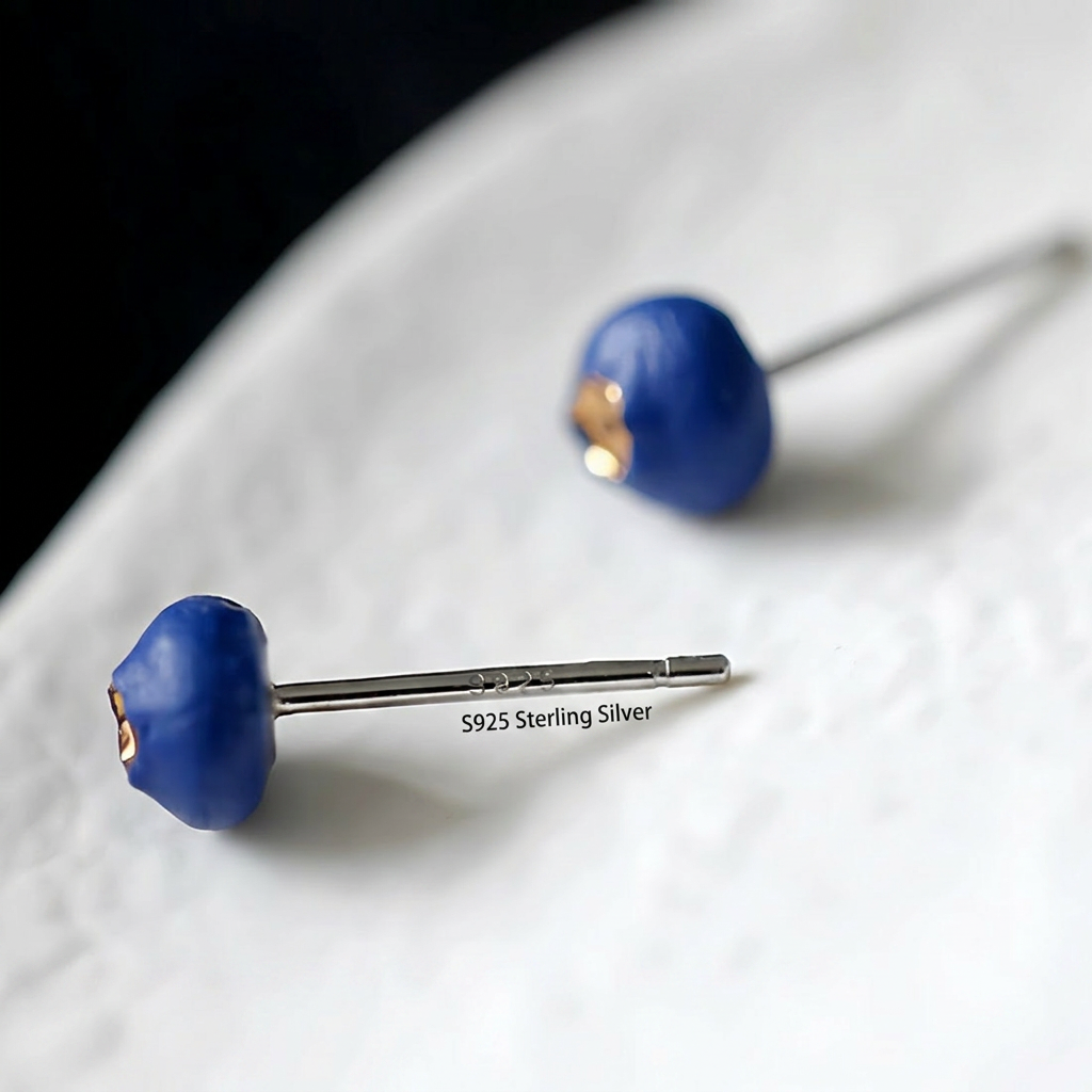 Unique Blueberry Handmade Ceramic Stud Earrings with S925 Silver Needles – Artistic