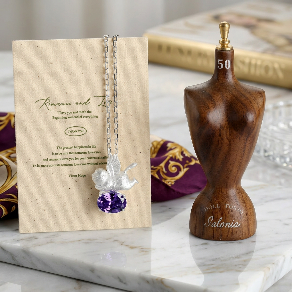 s925 Sterling Silver Unique Flying Wing Tiger Amethyst. Swiss Blue Topaz Pendant Necklace